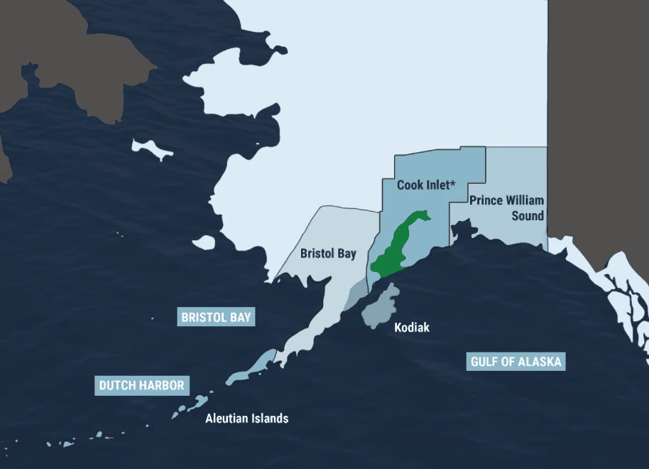 Illustration of Alaskan map with Dutch Harbor, Aleutian Islands, Bristol Bay, Kodiak, Cook Inlet, Prince WIlliam Sound