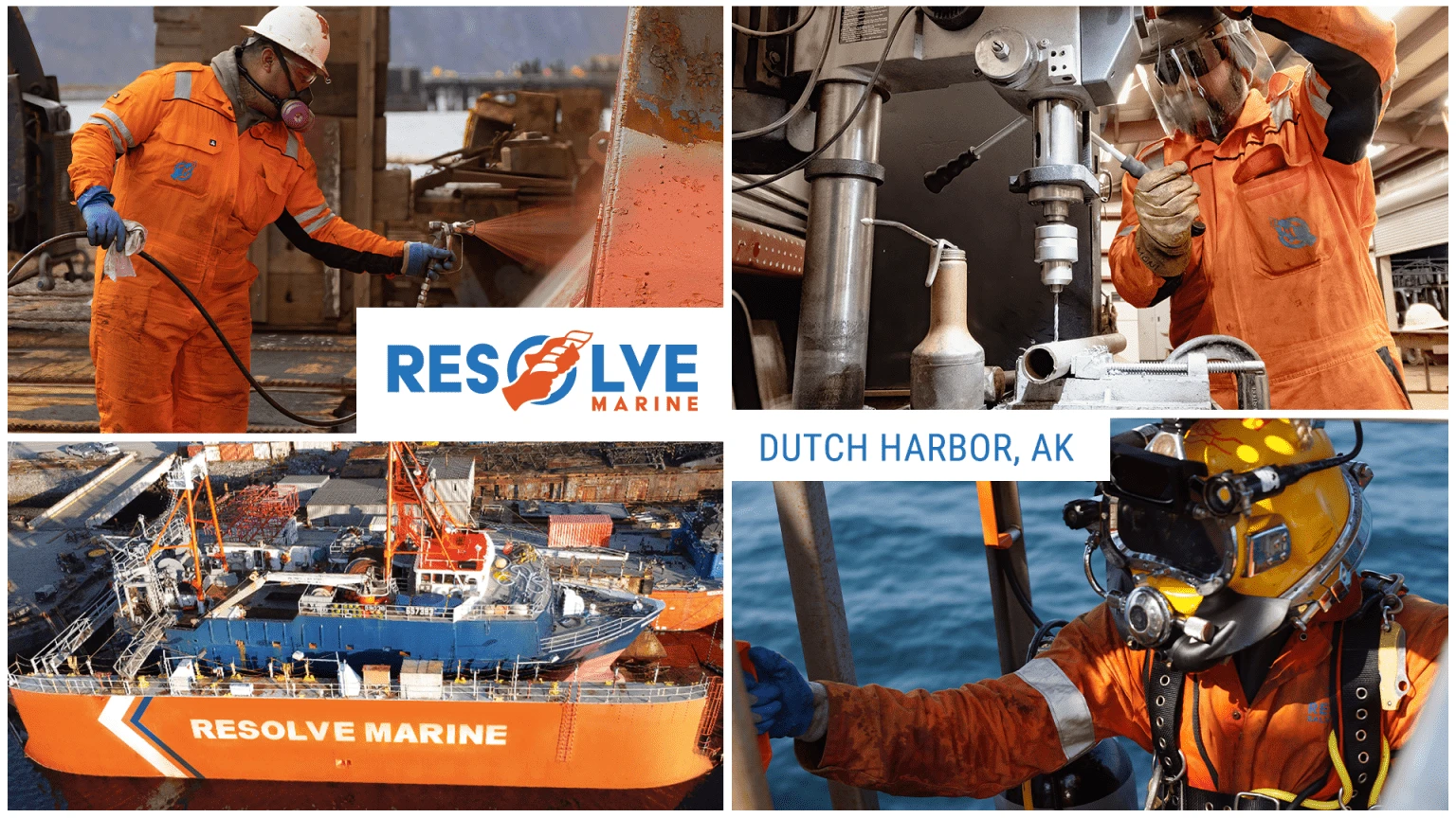 Montage of images of workers fixing ship systems and repainting