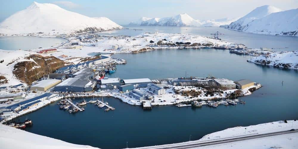 Aerial photo of Dutch Harbor covered in snow