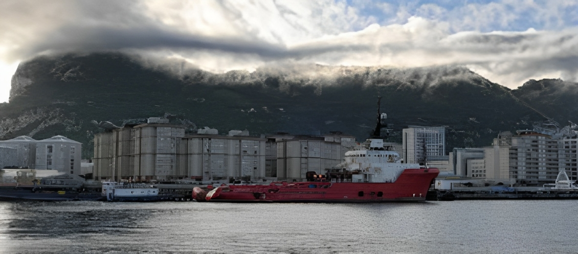 Cargo vessel pictured against backdrop of a city skyline with mountains