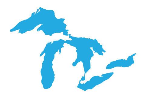 Blue and white illustration of the Great Lakes as seen from the air