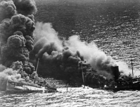 The Munger T. Ball aflame. This vessel was sunk on May 4, 1942 by a German U-Boat.